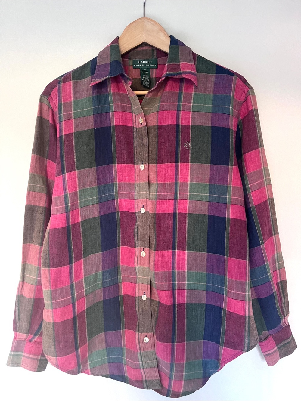 Lauren Ralph Lauren 100% Linen Plaid Button Down Shirt Pink Green Relaxed Fit S